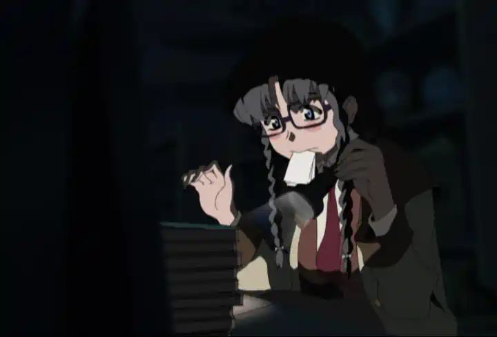 Anime screencap of a young woman wearing glasses, she seems to be inspecting a pile of books